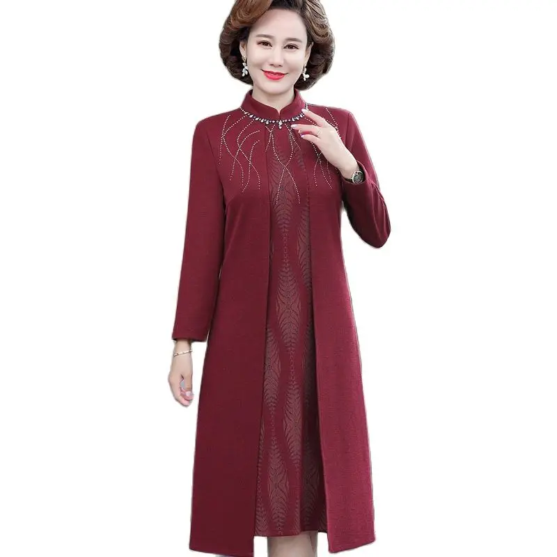 Mother Dress Apring Autumn New Noble And Elegant Women Dress Middle Aged Female Fake Two Piece Diamond Party Dress W2417