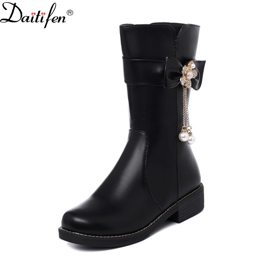 

Daitifen Winter Girls Mid Calf Boots With Fur Keep Warm Female Shoes Leisure Sweet Women Crystal Shoes Fashion Boots Ladies