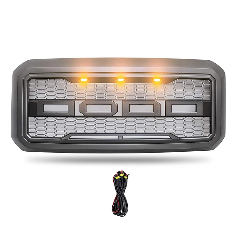 Racing Grill for Ford F-250/350 2011-2016 Car Front Bumper Mesh Grids Matt Black With 3 LED Amber Lights Raptor Style