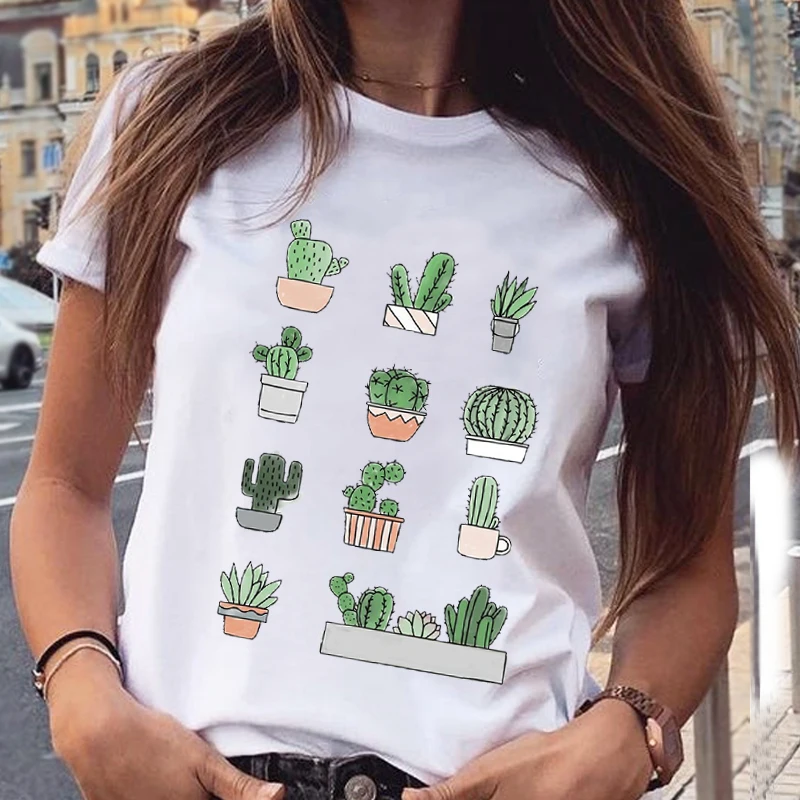 Women Lovely Cactus Plant Printing Clothing Fashion Spring Summer Aesthetic Print Sweet Clothes Tops Tees Tshirt T-Shirt