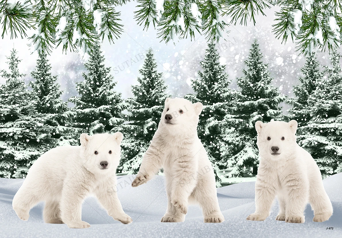 Winter Christmas Photography Background Fairytale Forest Polar Bear Baby Child Portrait Background Photo Family Party Decoration