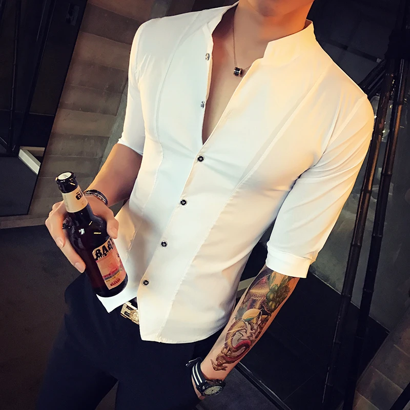 2024 Summer Fashion Stand Collar Chinese Style Shirt Men Solid Color Slim Fit Half Sleeve Dress Shirts Designer Club Prom Shirt