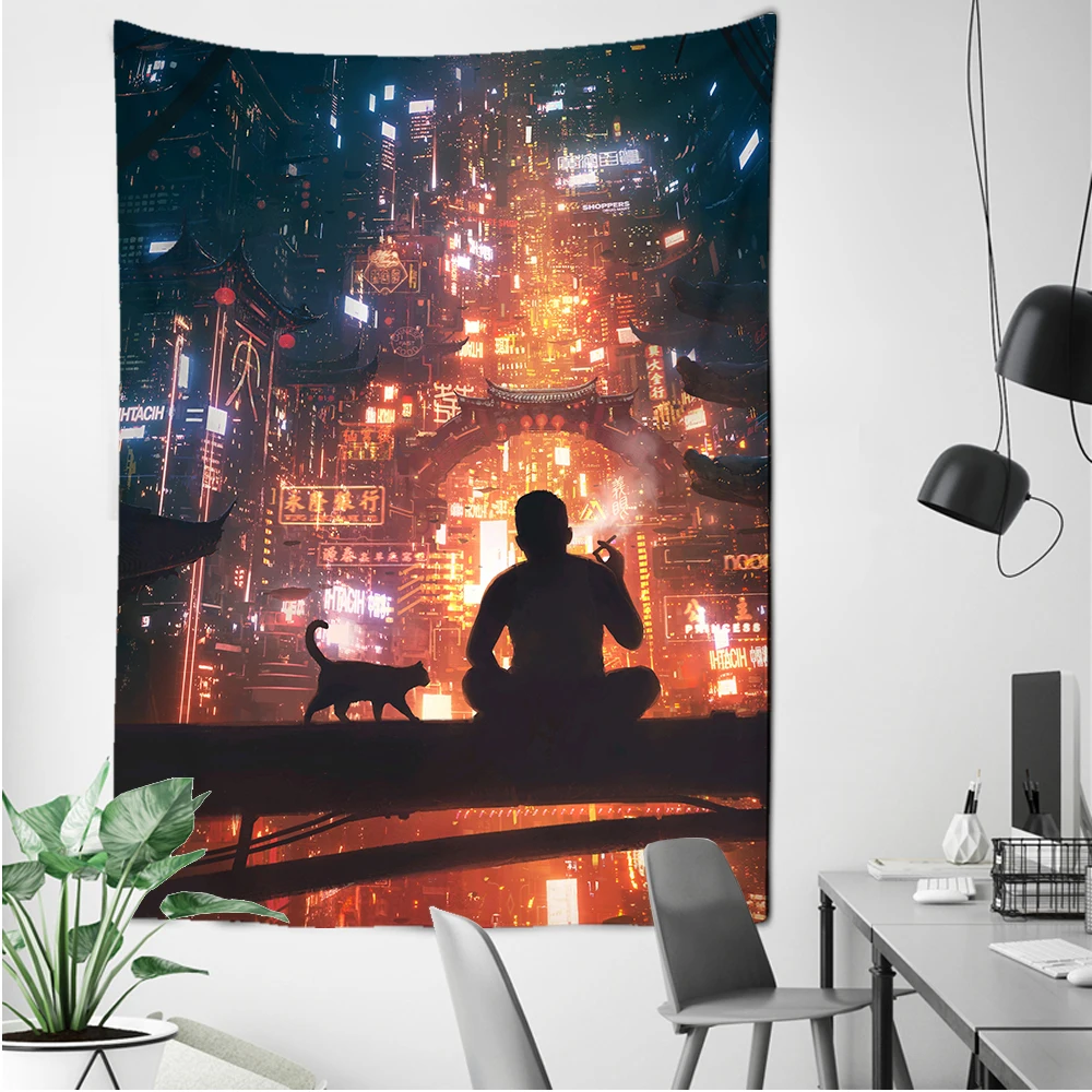 Japanese Style Buildings Street Night Tapestry  Night Landscape Wall Hanging Room Dorm Tapestries Art Home Psychedelic