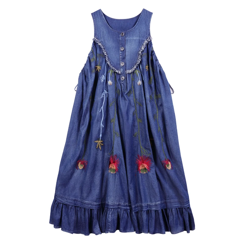 Yuzi.may – robe d'été en Denim pour femmes, tenue Vintage brodée, sans manches, ourlet à volants, nouvelle collection 2021, A82337