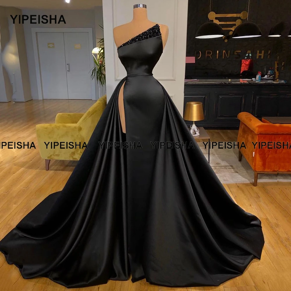 Yipeisha Seite Split Schwarz Prom Kleider Perlen Satin Formal Pageant kleid für Frauen Lange Abend Party Kleid Robe de Soiree