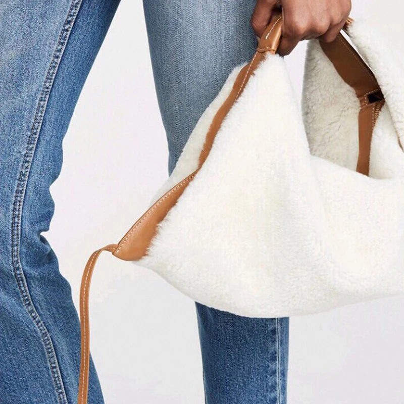 

2021 ladies handbag luxury fur tote bag fashion warm winter wallet ladies brand cashmere ladies handbag design genuine leather