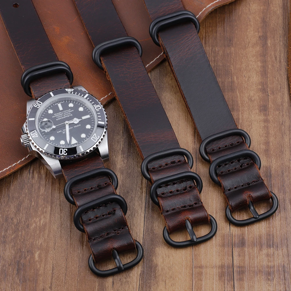Genuine Leather Strap 18mm 20mm 22mm Cracked Cowhide Long Watchband Retro Wrist Belt Bracelet Plating Matte Black Clasp