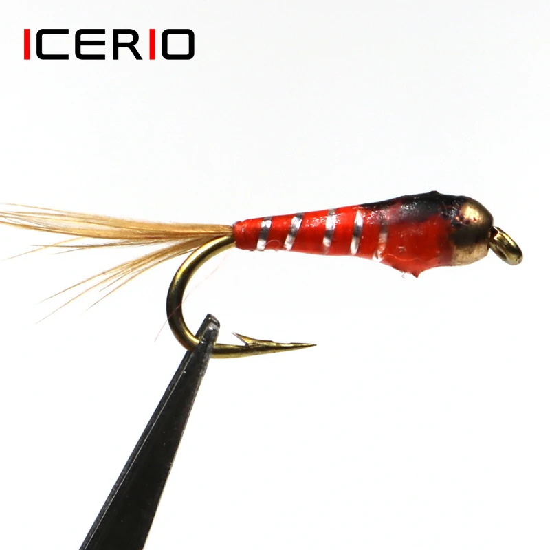 ICERIO 8PCS Brass bead Perdigon Nymphs Tying Hook Trout Fishing Fly Lure Baits #12