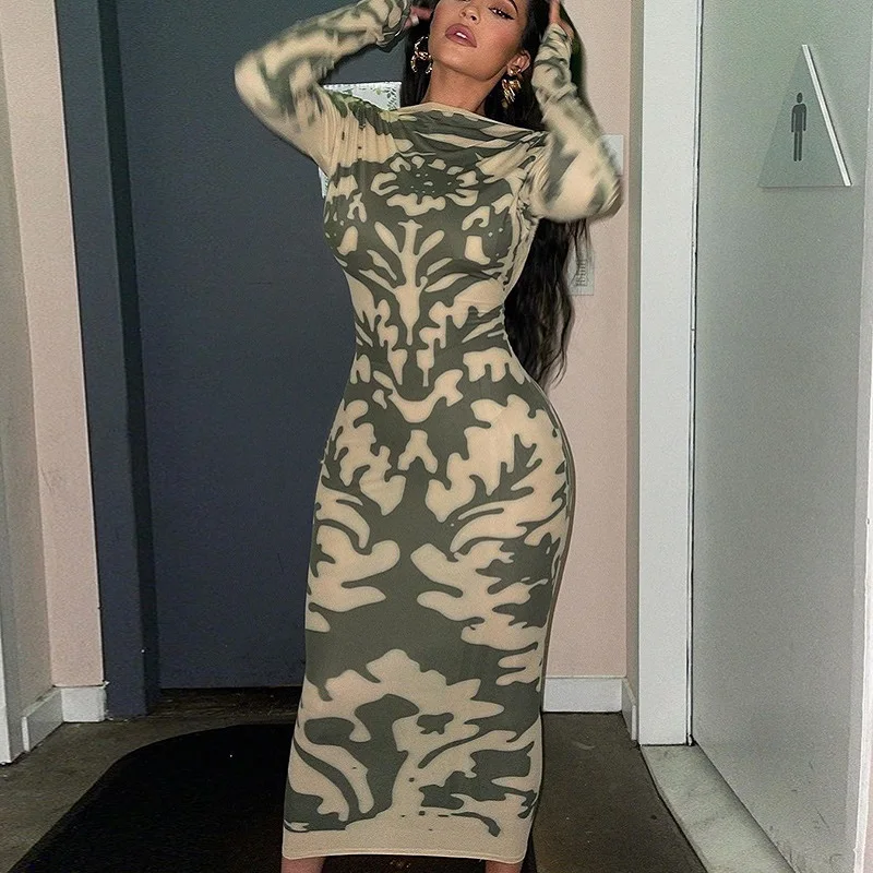 

2024 Long Sleeve Backless Sexy Camouflage Dress Summer Women Fashion Streetwear Outfits Solid Club Clothing