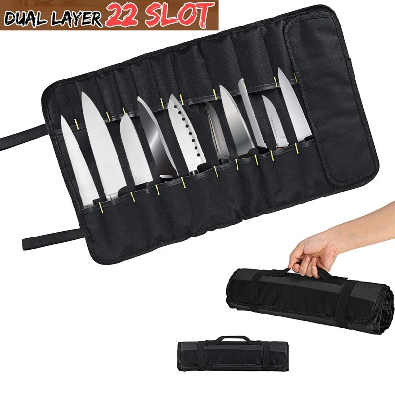 LMETJMA Premium 22 Slots Chef Knife Bag Oxford Cloth Knife Roll Bag Portable Durable Knife Cutlery Storage Bag Carry Case KC0318