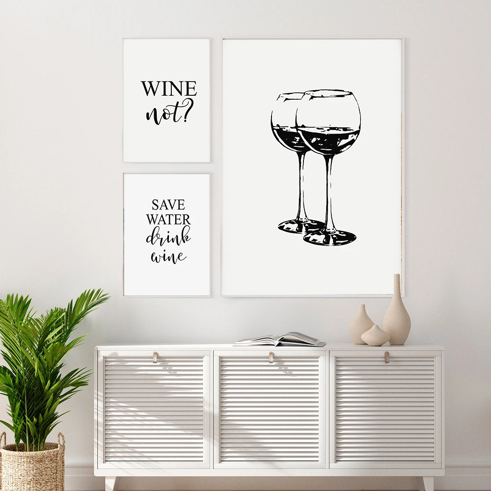 Save Water Drink Quotes Wall Art Canvas Painting Posters Prints Wine Glasses Black White Funny Kitchen for Aesthetic Home Decora