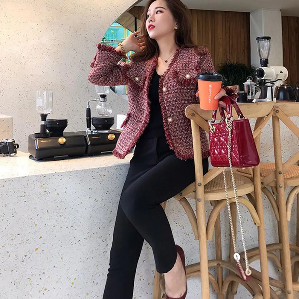 New Women Retro Elegant Red Plaid Office Jacket Coat Autumn Slim Lady Tassel Pearl Metal Single-Breasted Tweed Short Tops Coat