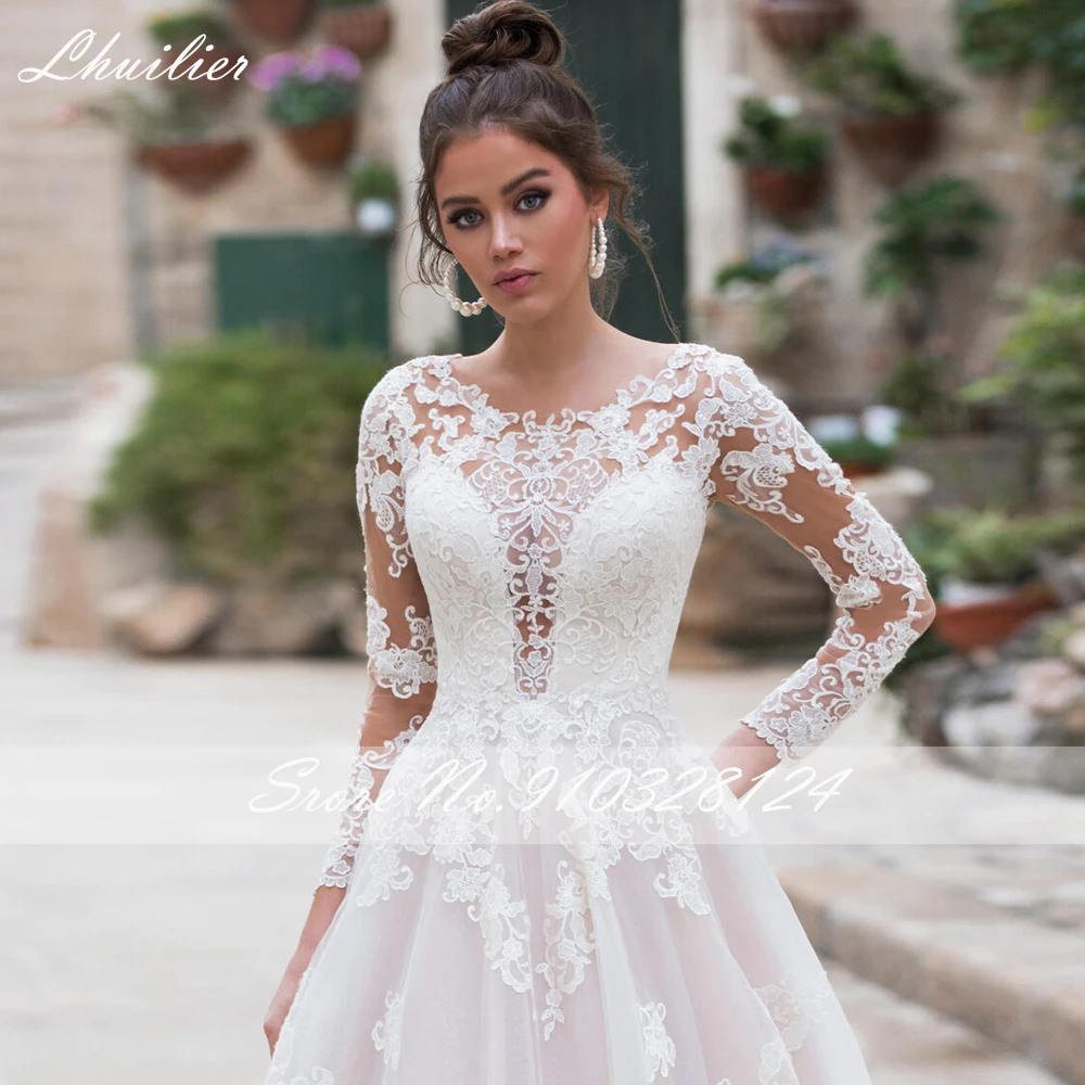 Lhuilier-vestidos de novia personalizados, corte en A, cuello redondo, Apliques de encaje, mangas completas, largo hasta el suelo, vestido de novia con cola de corte