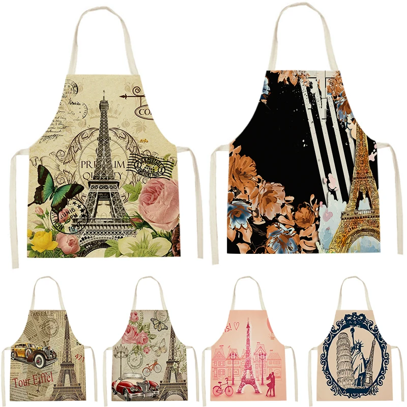 Colored Vintage Flower Tower In Paris France Clean Art Apron Sleeveless Family Cooking Kitchen Apron Chef Wear Adult Bib Babero