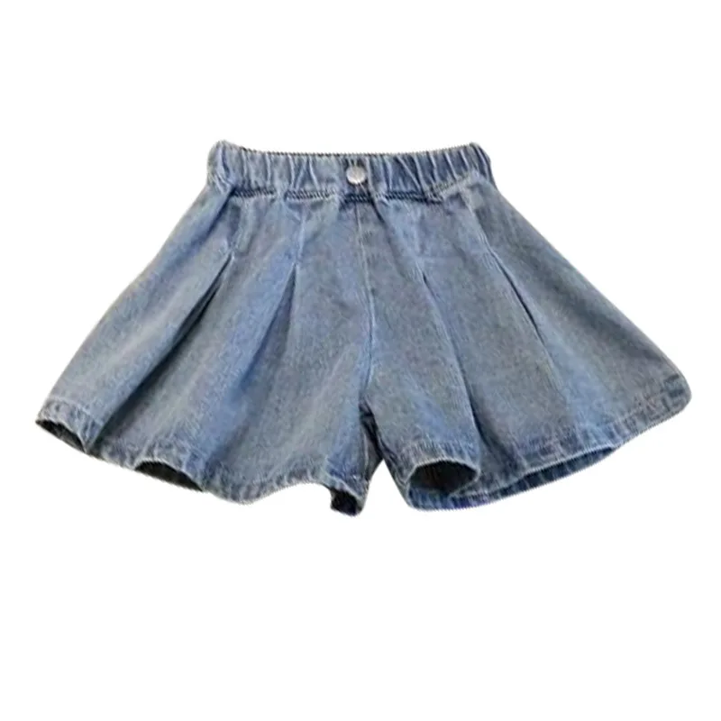 Girls\' wear summer wide-leg denim shorts pleated skirts, big kids children\'s loose hot pants girls casual skirt pants