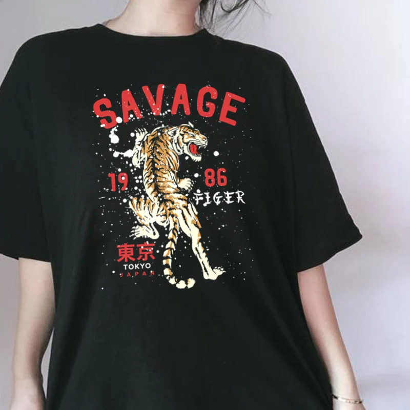 

Japanese Tiger Print Oversized Vintage T Shirt Women Harajuku Streetwear Black Top Aesthetic Short Sleeve Fashion Graphic Tshirt