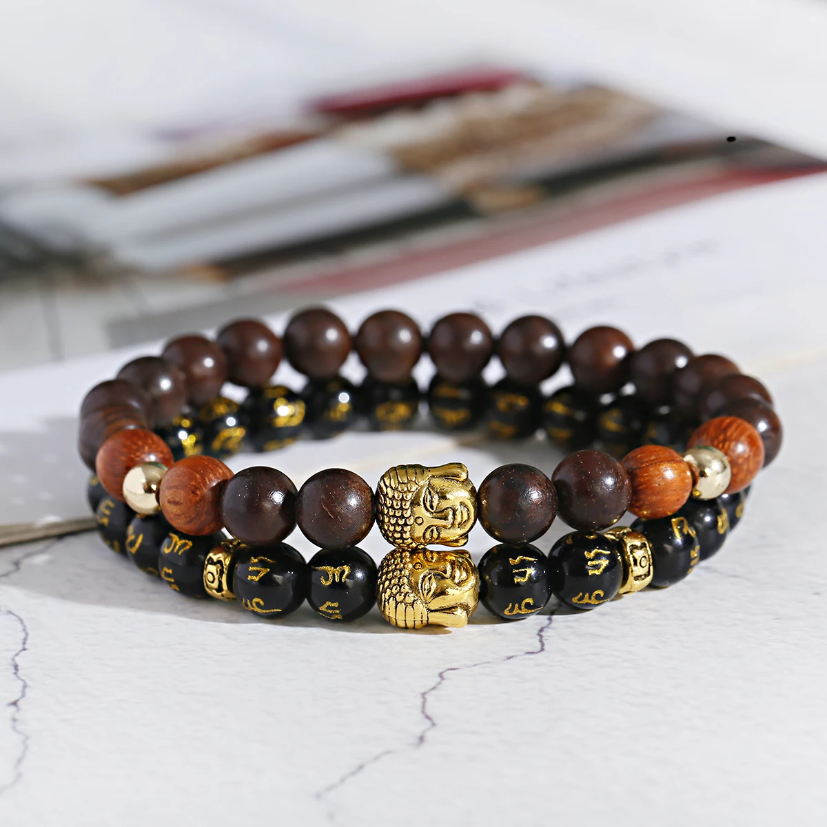 Buddha Head Natural Wood Bead Strand Bracelet for Men Religious Golden Carved Mantra Beads Bracelets Meditation Buddhist Jewelry