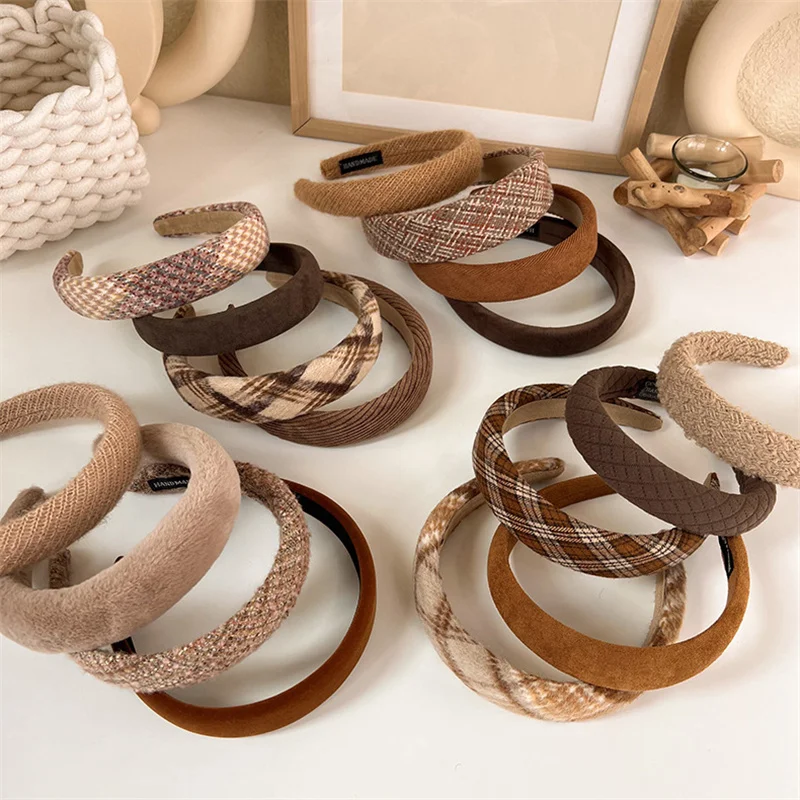 Winter Fashion Coffee Color Lattice Sponge Headband for Womens Girl Plush Wide Side Hairband Velvet Hair Hoop  Hair Accessories