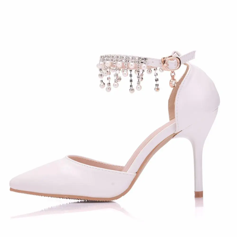 Crystal Queen White Pearls Tassel Chain Sandals Thin High Heels Pointed Toe Mary-Janes Stiletto Rhinestone Weddding Pumps