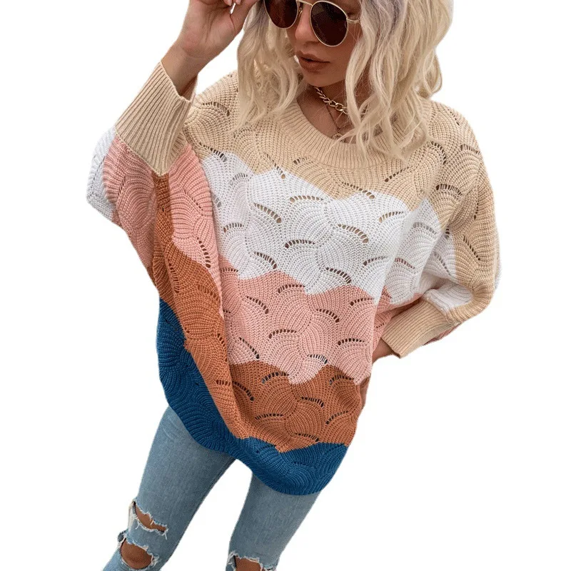 Autumn and Winter New Contrast Color Hollow Knitwear Batwing Sleeve Sweater for Women