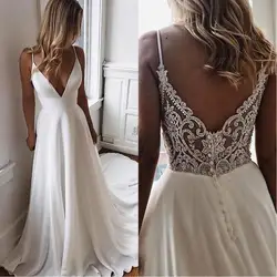 Verano una línea Blanco Simple De la boda De novia Boho, Vestido De playa con cuello en V fiesta nupcial Vestido largo vestidos largos De boda De gasa Vestido De novia