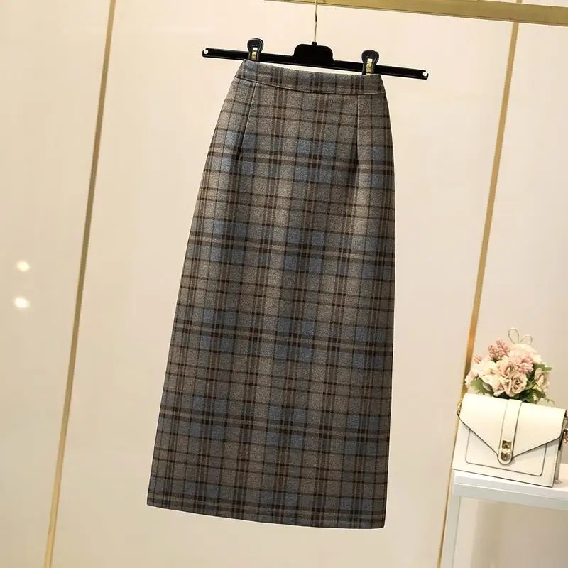 

Women's Autumn and Winter Plaid High Waist A- line Skirt with Fork Woman Skirts Faldas Jupe