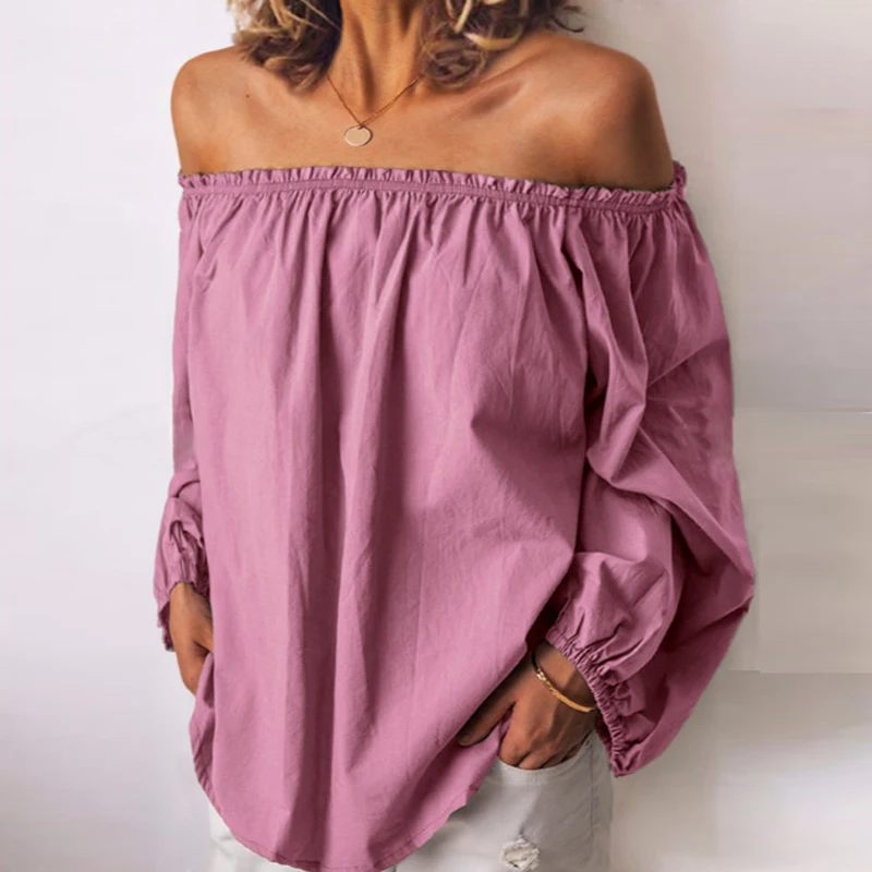 2023 Blouses Women Solid Casual Off Shoulder Blouse Shirt Tops Plus Size Blouse Women One Neckline Pleated Elastic Lady\'s Shirt