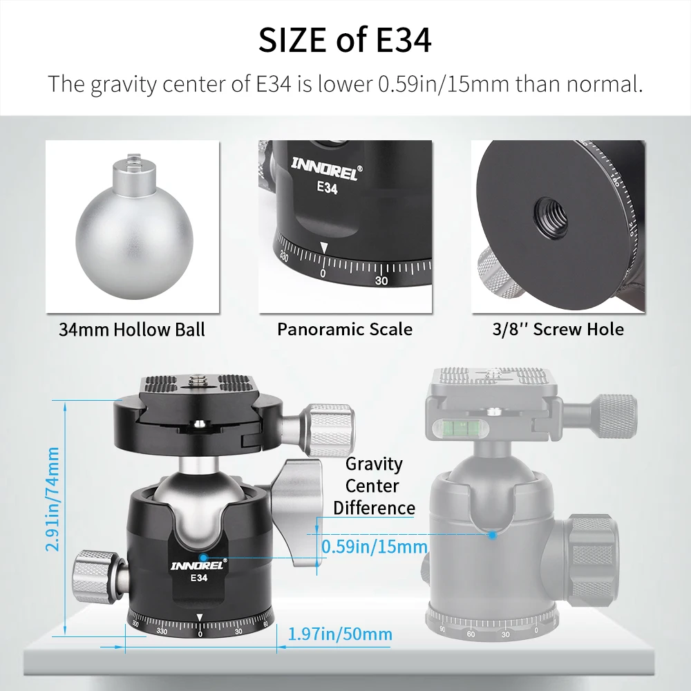 E34/E40 testa a sfera per treppiede a basso profilo testa a treppiede per fotocamera CNC con tacca a U panoramica per fotocamera DSLR monopiede piastra a sgancio rapido Extra