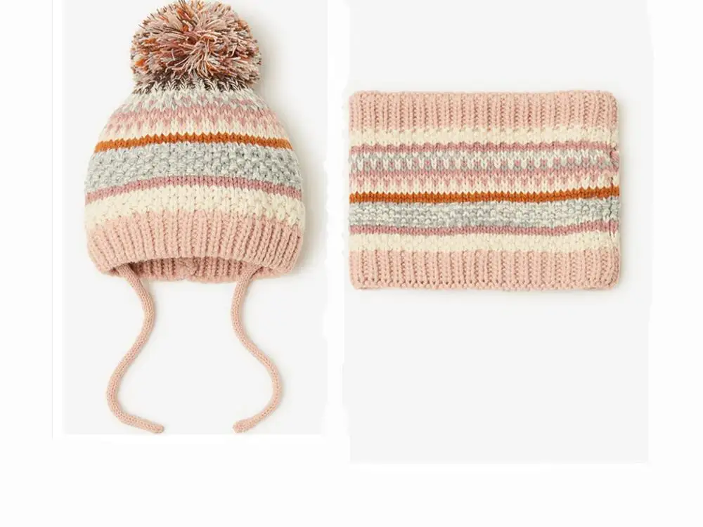 2022 new stripe beautiful knit acrylic hat and knit acrylic scarf  two pieces setfor baby girls baby child children little girls