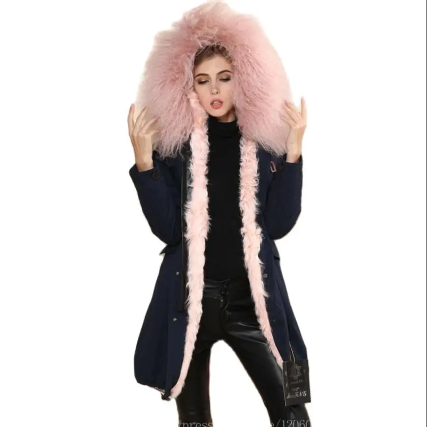 Linda parka de cordeiro para mulheres, estilo longo, lã marinha, rosa, jaqueta feminina, moda inverno