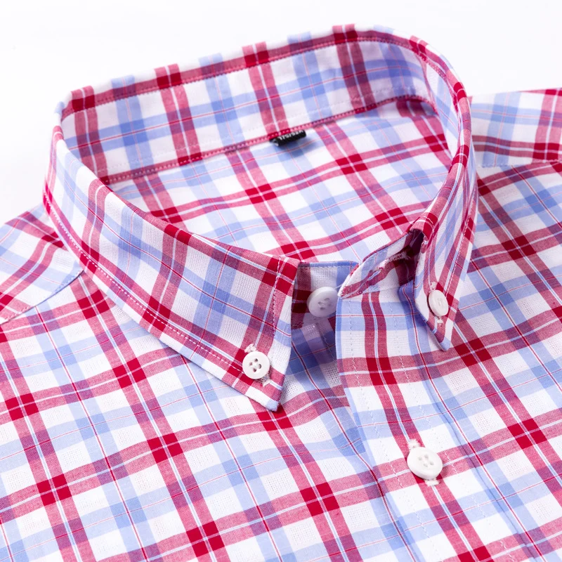 Short Sleeve Cotton Shirts Patch Pocket Summer Casual Slim-fit Button-down England Style Soft Thin Plaid Stripe Shirt