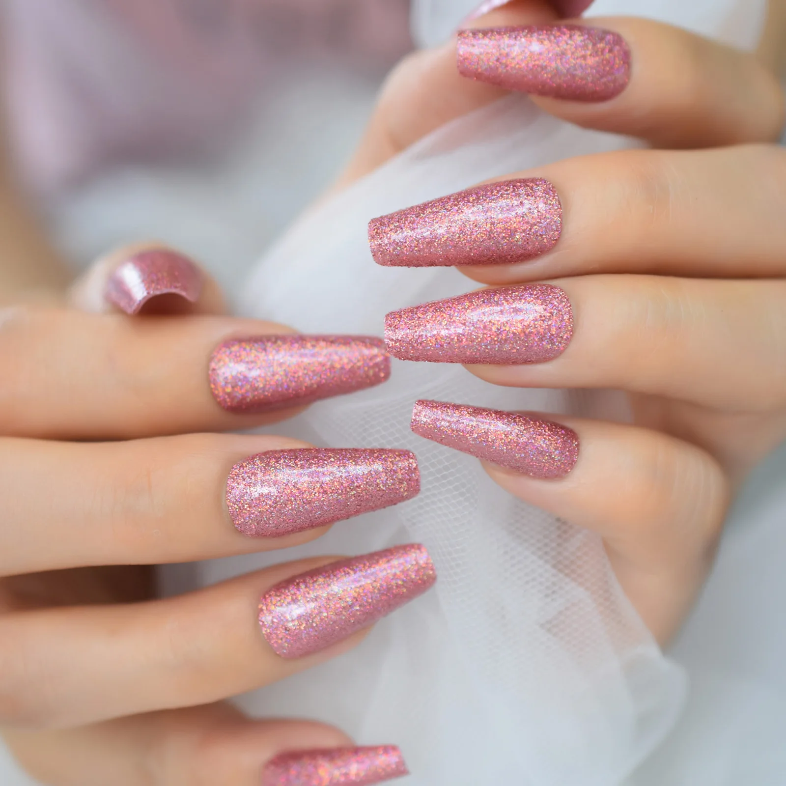 Holo Rose Roze Roos Glitter Ballerina Doodskist Valse Nail Fairy Laser Sequin Druk Op Ballet Nep Nagels Tip Herbruikbare Dragen voor Meisje