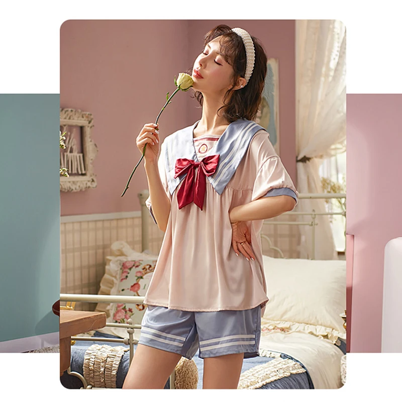 Women\'s Home Clothes Pink Print Ice Silk Pajamas With Shorts Cartoon Bow Sleepwear Loose Thin Sleep Sets Outfits Summer