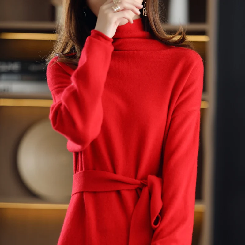 High-End 100% Pure Wool Turtleneck Women Casual Long Knees Dresses Sweater 2021 Autumn Winter Loose Soft Solid Knitted Jumper