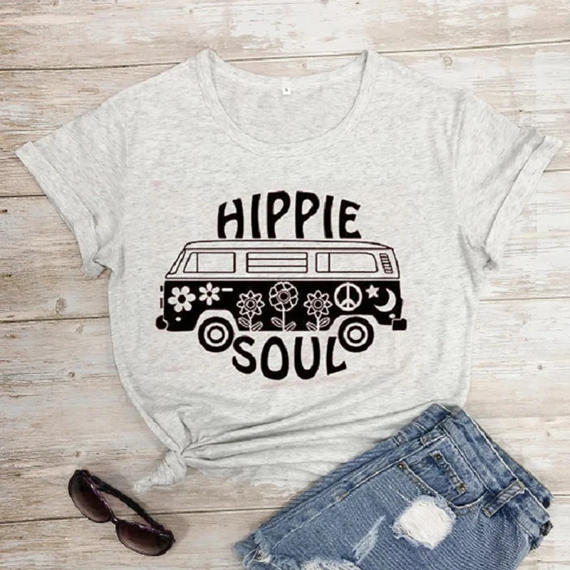 Hippie Soul T-shirt Funny Summer Short Sleeve Hipster Camping Tshirt Women Crewneck Graphic Grunge Cotton Tee Top Drop Shipping