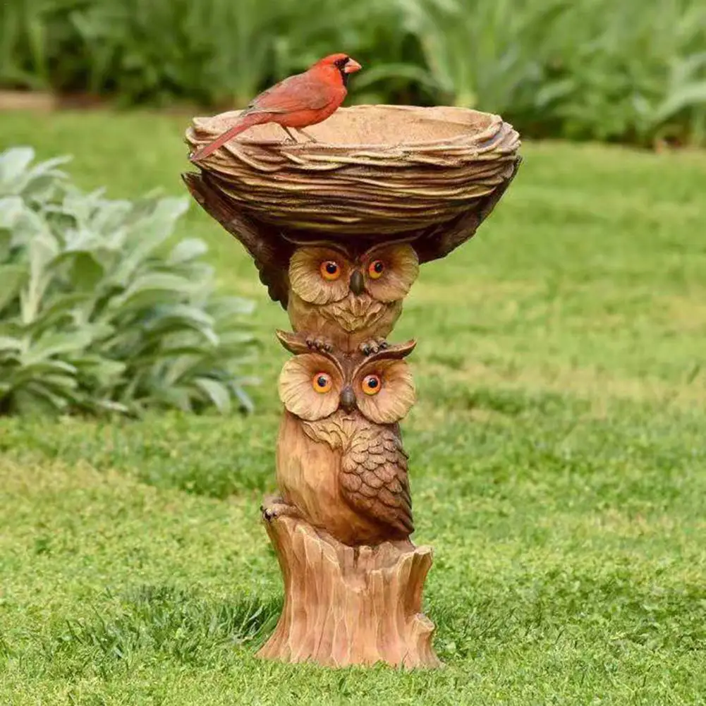 Resin Owl And Birds Bird Bath Garden Yard Lawn Ornament Bird Feeder Garden Decoration Outdoor Fuente De Agua Fontaine Solaire