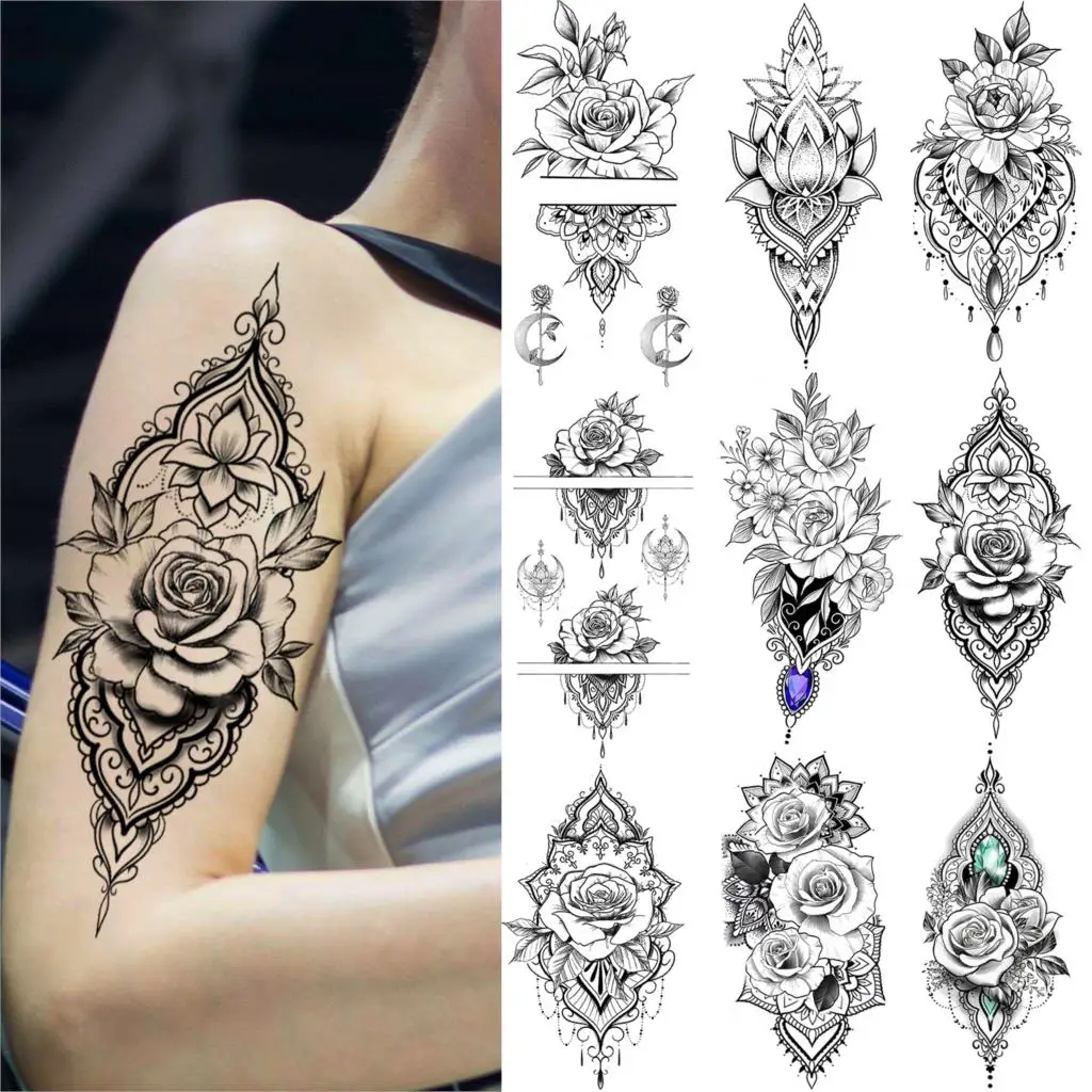 Black Henna Rose Flower Temporary Tattoo For Women Lace Fake Jewelry Tattoo Sticker Indian Wedding Body Art Pendant Tatoo Makeup