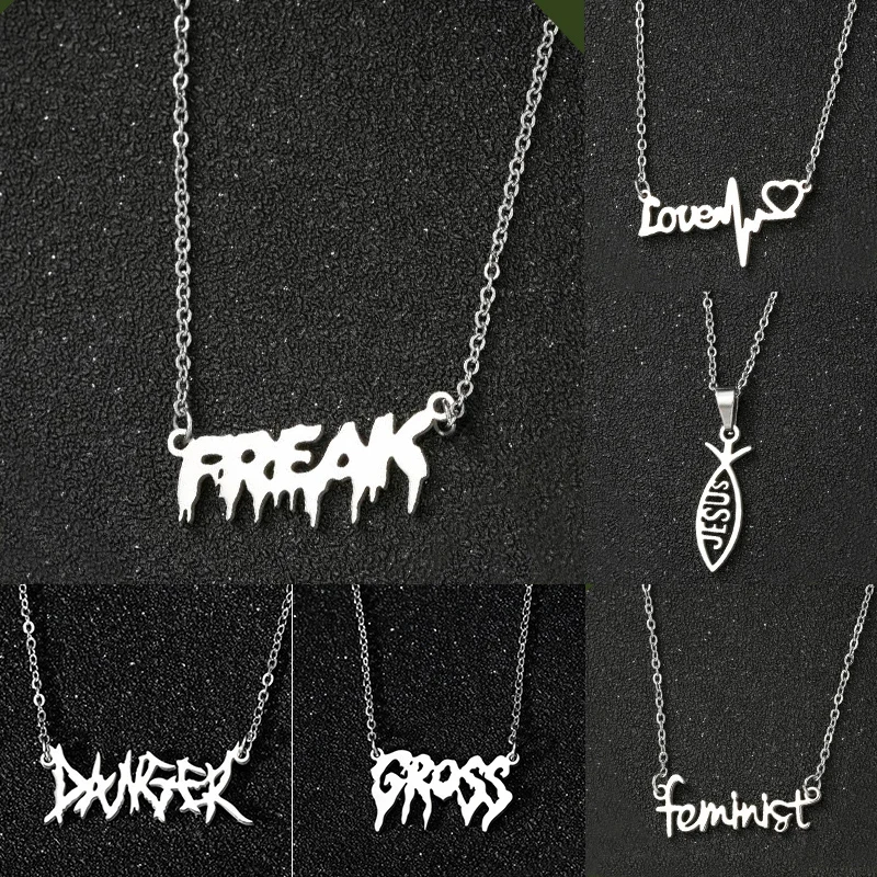 Fashion Gothic Art Word Necklaces Alphabet Danger Babygirl Gross Jesus Freak Letter Necklace Stainless Steel Women Jewelry Girl