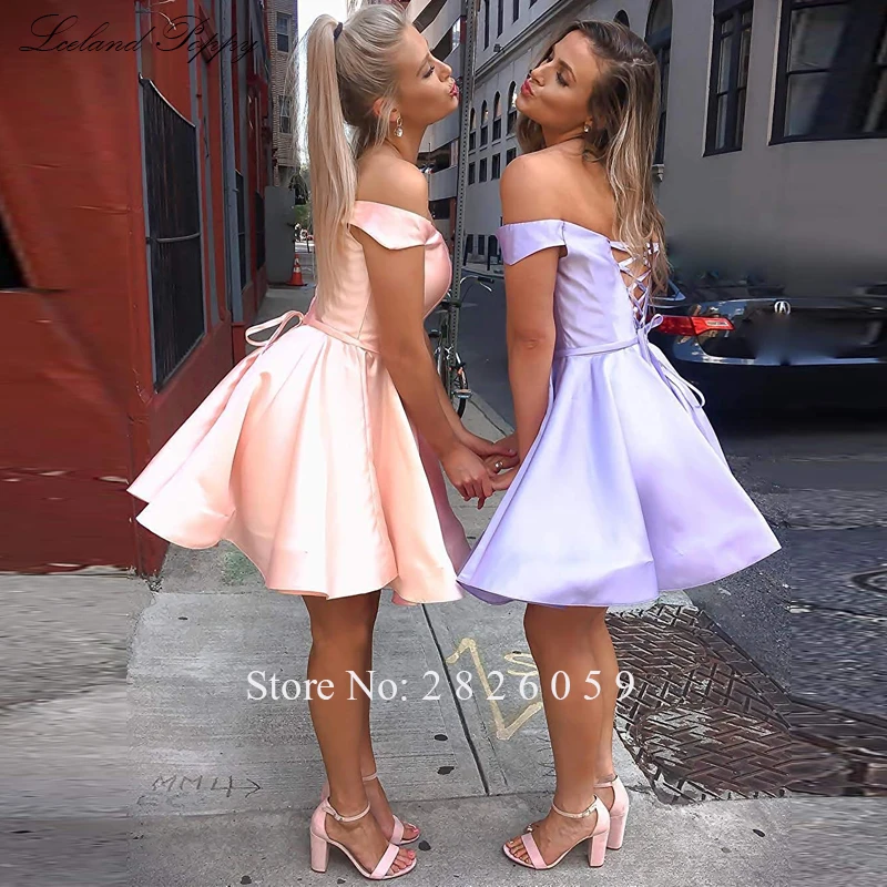 Lceland papoula curto a linha fora do ombro cetim baile de formatura vestido para juniors sem mangas rendas até o joelho comprimento vestidos de festa