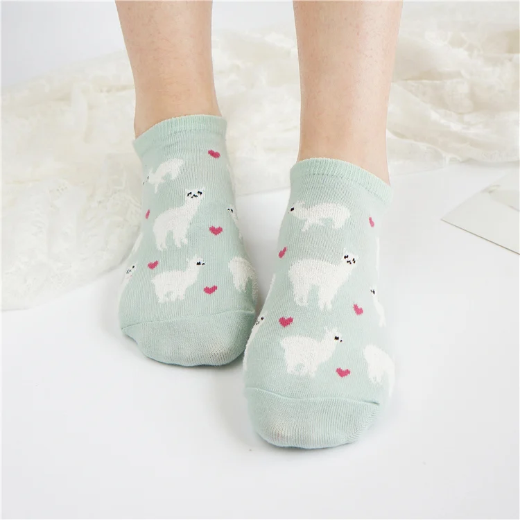 Drop Ship สั้นข้อเท้าที่มองไม่เห็น Tiny Alpaca Love Hearts ถุงเท้าฟาร์มสัตว์ Llama เช่น Fluffy Sheep สบาย Cozy ฝ้าย