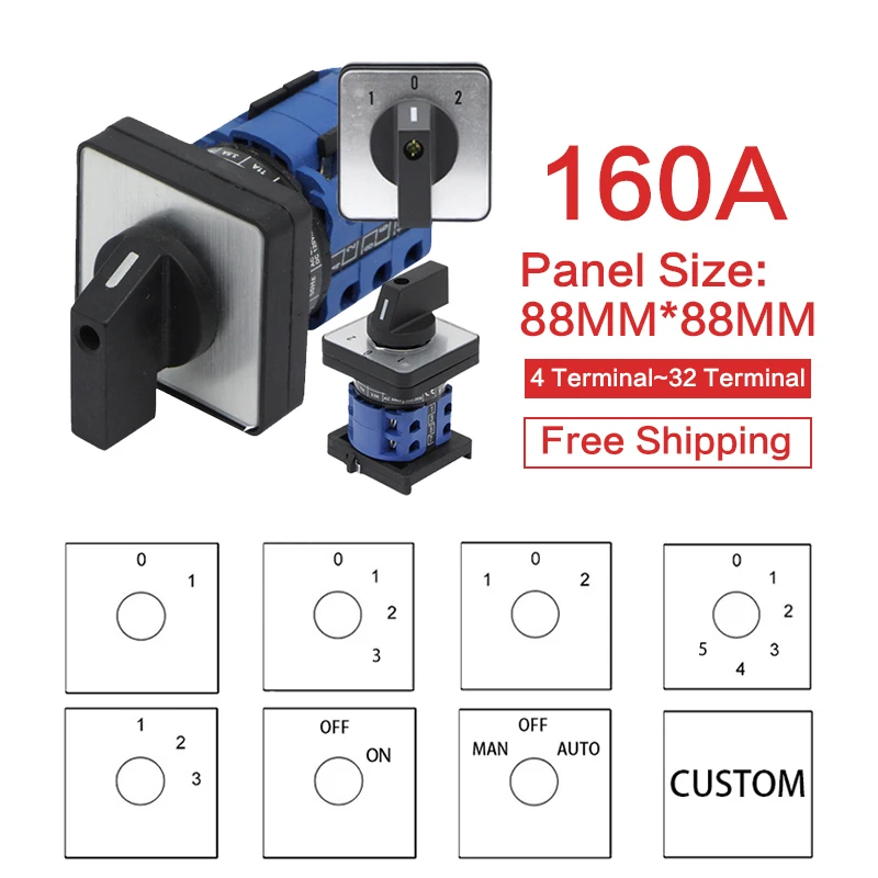 YMW26-160 Cam Switch ON-OFF 2/3/4/5/6/7/8 Positions 160A DIY Rotary Changeover 4/8/32/48 Terminals Screws Silver Contact LW28