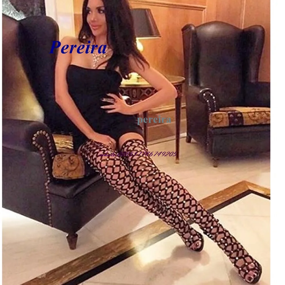 Round Toe Thigh High Rivet Sandal Boots Fishing Net Hollow Out Cover Heel High Heel Women Shoes Zipper Stiletto Heel Summer