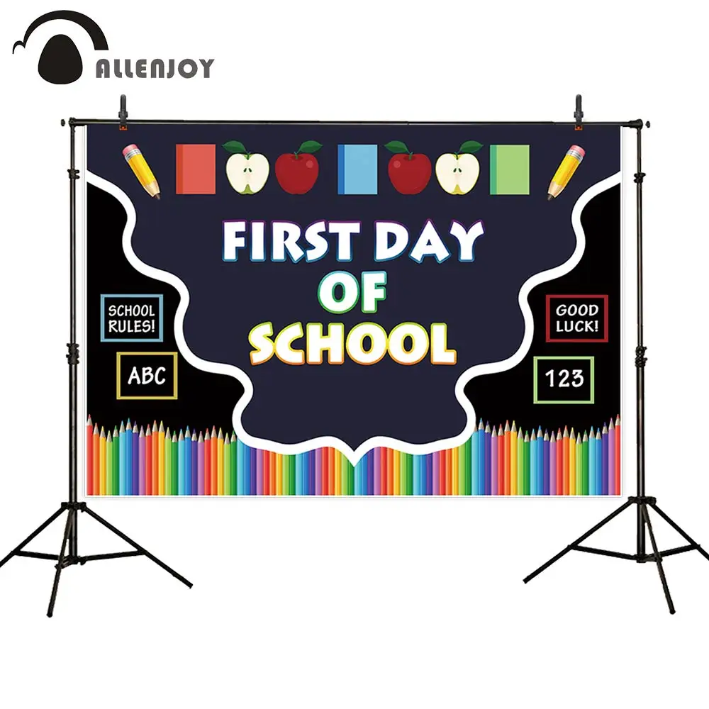 

Allenjoy First day of school party backdrop banner children back to School crayon ABC Pencil background photocall decoration