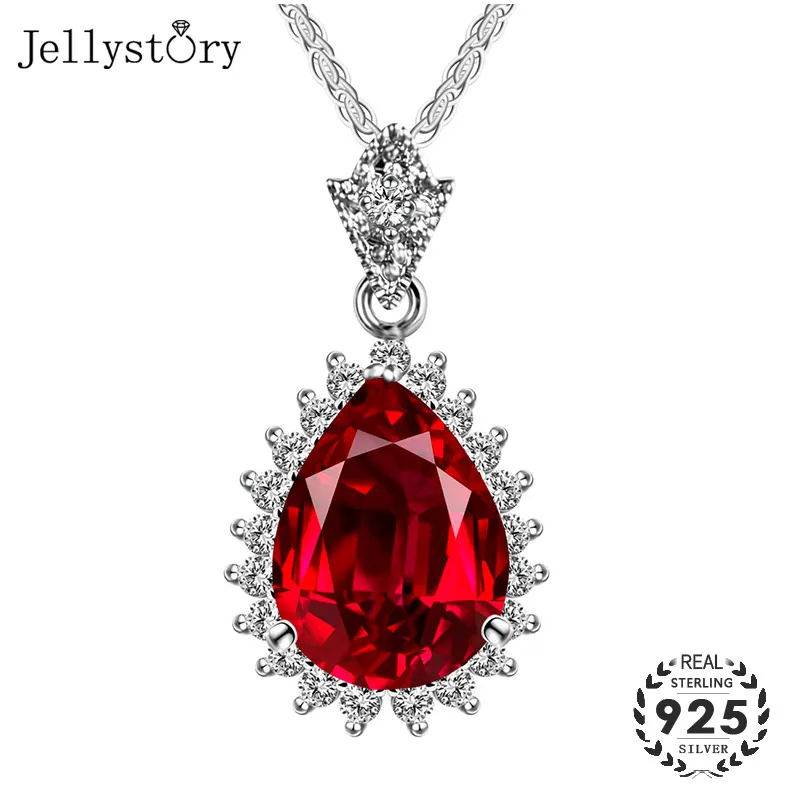 Jellystory Luxury 925 Silver Jewelry Necklace with Water Drop Shape Ruby Emerald Zircon Pendant for Women Wedding Gift Wholesale