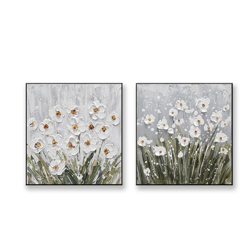 

Wedding decoration white flowers 2 pieces for wall decoration Handmade abstract acrylic oil painting hanging picture for bedroom