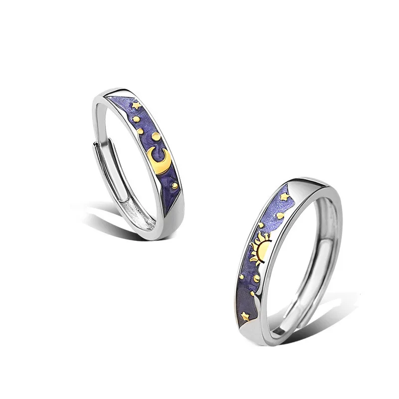 

2021 New 925 Silver Enamel Sun, Moon, Star Sky Couple Ring Romantic Style Gift Couple Anniversary Gift Adjustable Couple Ring