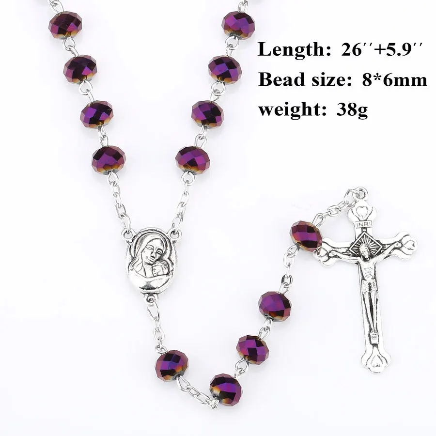 Cross Pendant Necklace Virgin Holy Christ Rosary Necklaces for Women Men Purple Crystal Beaded Catholic Prayer Jewelry Rosaries