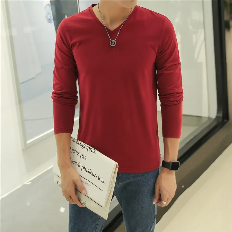 2024 MRMT Mens T Shirts Pure Color V Neck Long Sleeved T-Shirt For Male Thin Material Tee Shirt Men Clothing Tees