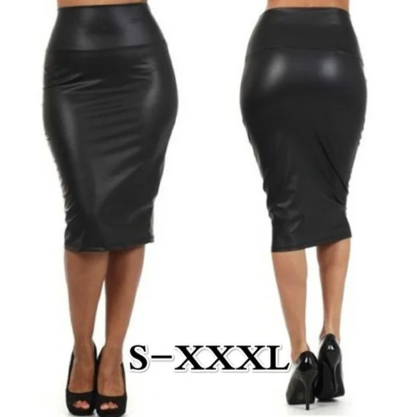 

Womens PU Leather High Waist Knee Length Straight Package Hip Pencil Skirt Dress,