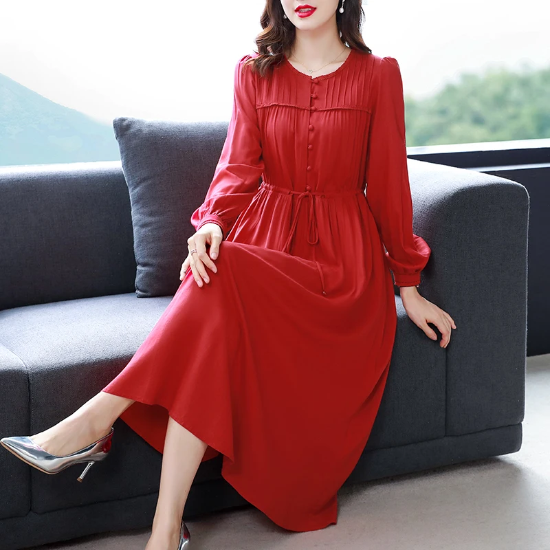 2024 Red Fashion Cotton and Linen Midi Dresses Women Korean Vintage Casual Long Sleeve Dress Autumn Winter Elegant Bodycon Dress